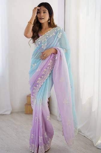 Blue floral embellished thread work saree with blouse