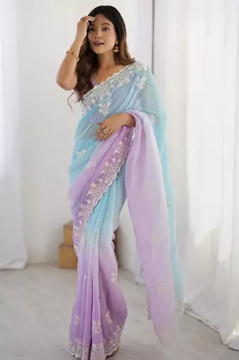 Blue floral embellished thread work saree with blouse