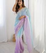 Blue floral embellished thread work saree with blouse