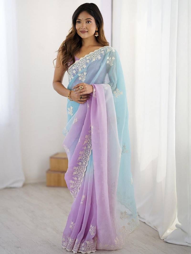 Blue floral embellished thread work saree with blouse