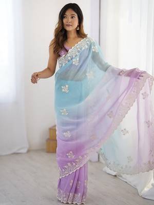 Blue floral embellished thread work saree with blouse 3