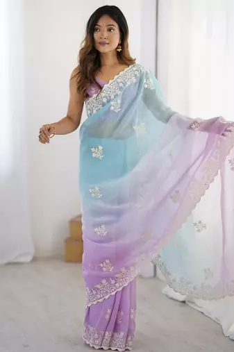 Blue floral embellished thread work saree with blouse
