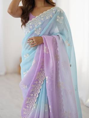 Blue floral embellished thread work saree with blouse 4