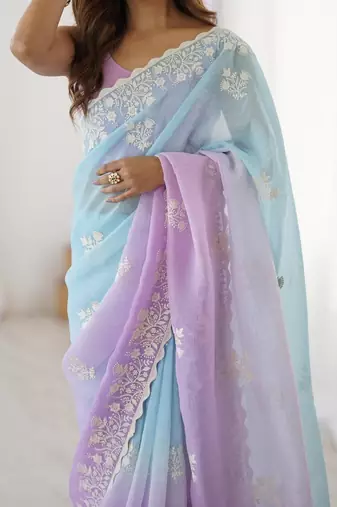 Blue floral embellished thread work saree with blouse