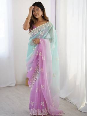 Teal embellished sequinned silk blend saree 1