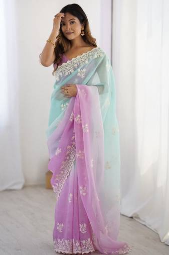 Teal embellished sequinned silk blend saree