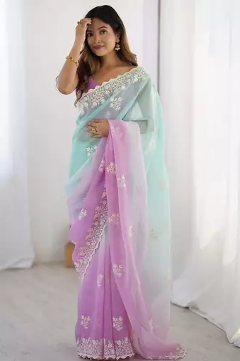 Teal embellished sequinned silk blend saree