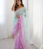 Teal embellished sequinned silk blend saree