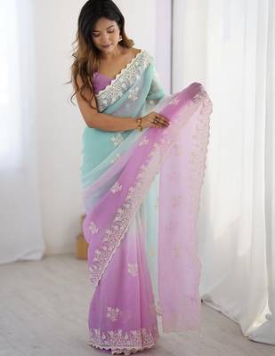 Teal embellished sequinned silk blend saree 2