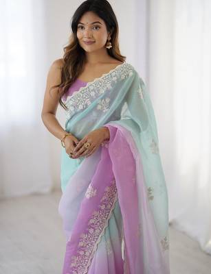 Teal embellished sequinned silk blend saree 3