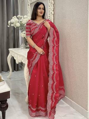 Red ethnic motifs embroidered silk blend saree 1