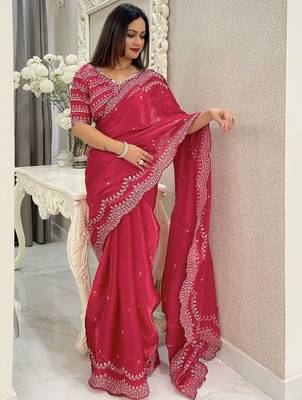 Red ethnic motifs embroidered silk blend saree 2