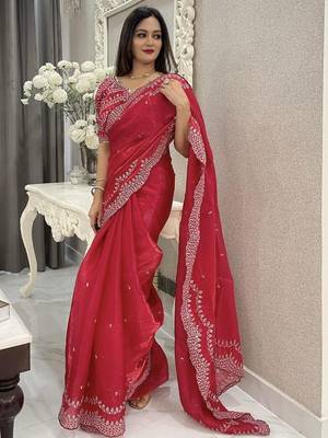 Red ethnic motifs embroidered silk blend saree 4