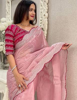 Pink ethnic motifs embroidered silk blend saree 4