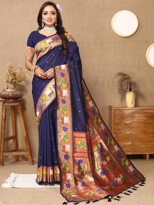 Navy blue ethnic motifs woven design zari paithani saree 1