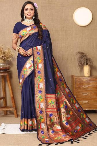 Navy blue ethnic motifs woven design zari paithani saree