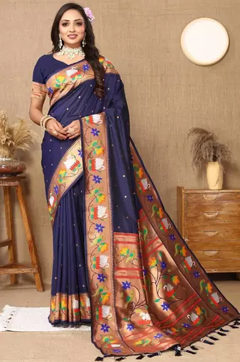 Navy blue ethnic motifs woven design zari paithani saree