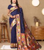 Navy blue ethnic motifs woven design zari paithani saree