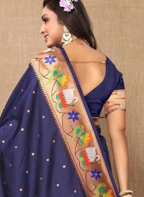 Navy blue ethnic motifs woven design zari paithani saree 2