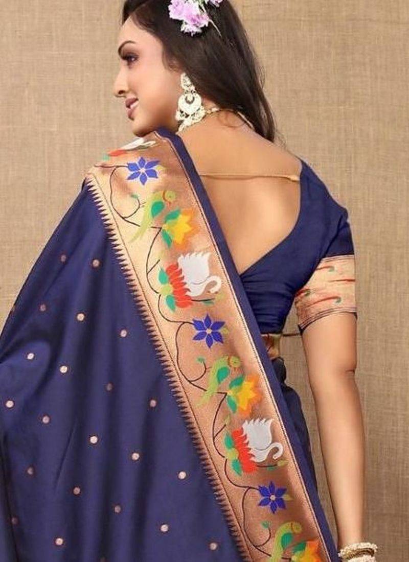 Navy blue ethnic motifs woven design zari paithani saree