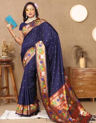 Navy blue ethnic motifs woven design zari paithani saree 3