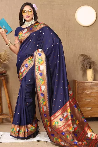 Navy blue ethnic motifs woven design zari paithani saree