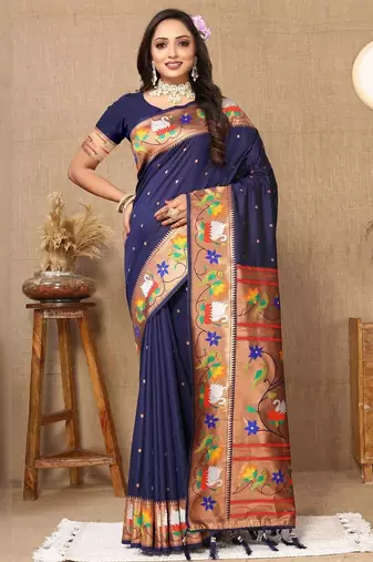 Navy blue ethnic motifs woven design zari paithani saree
