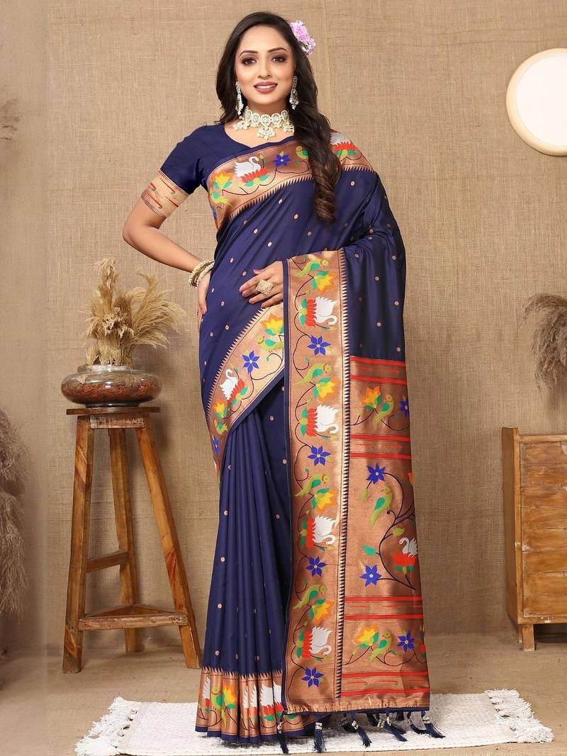 Navy blue ethnic motifs woven design zari paithani saree