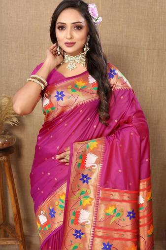 Magenta floral woven design zari paithani saree