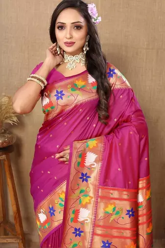 Magenta floral woven design zari paithani saree
