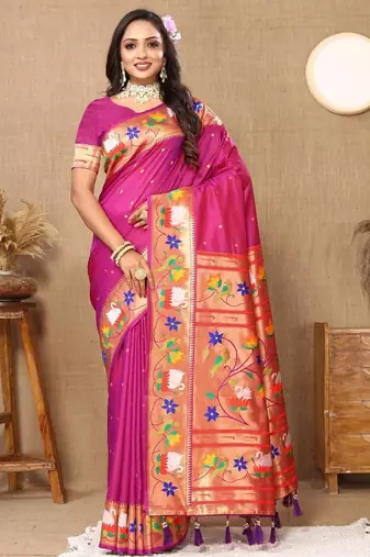 Magenta floral woven design zari paithani saree