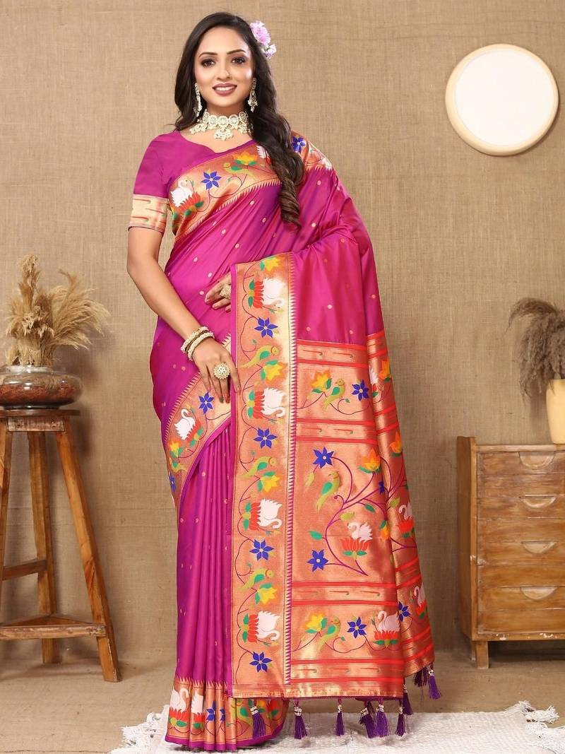 Magenta floral woven design zari paithani saree