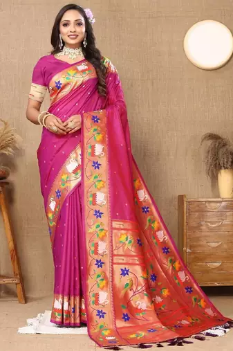 Magenta floral woven design zari paithani saree