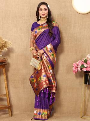 Purple woven design zari paithani saree 3