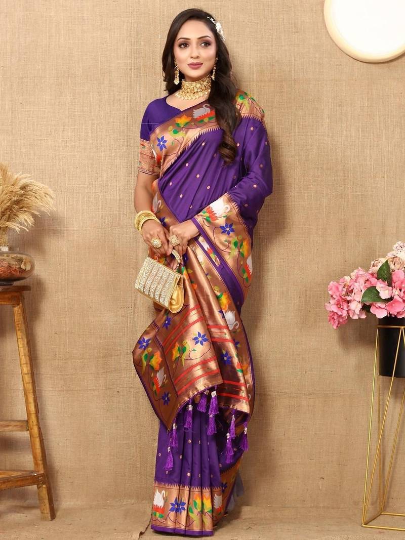 Purple woven design zari paithani saree