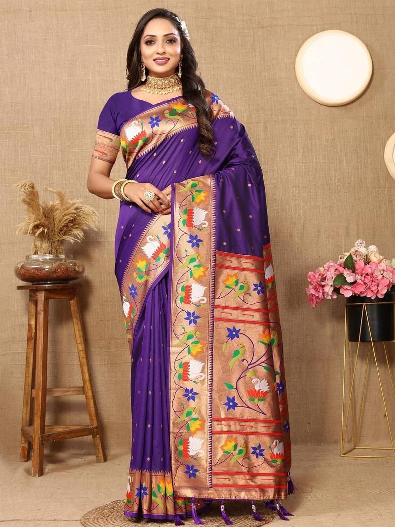 Purple woven design zari paithani saree