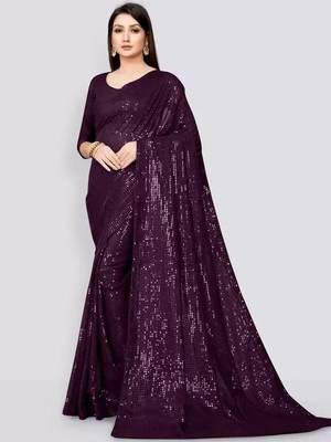 Purple women embellished sequinned saree 1