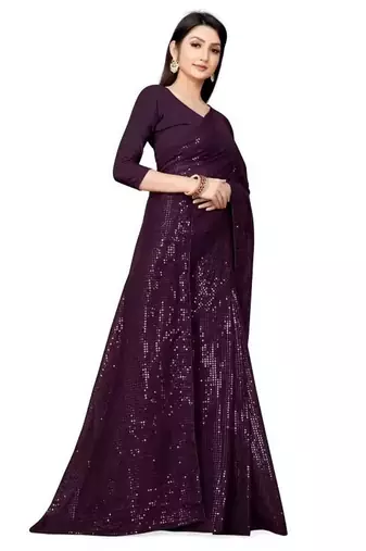 Purple women embellished sequinned saree