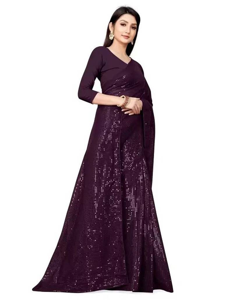 Purple women embellished sequinned saree