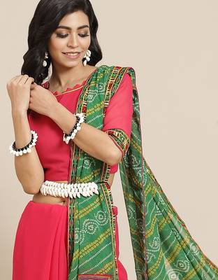 Green kutchi embroidery pure georgette half and half bandhani saree 1