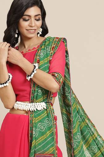 Green kutchi embroidery pure georgette half and half bandhani saree