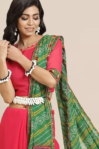 Green kutchi embroidery pure georgette half and half bandhani saree