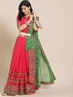 Green kutchi embroidery pure georgette half and half bandhani saree 2