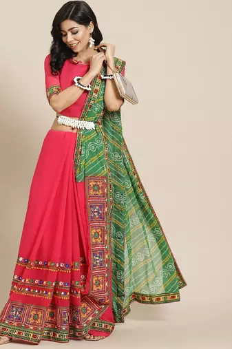 Green kutchi embroidery pure georgette half and half bandhani saree
