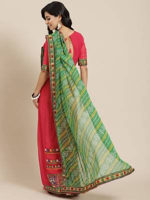 Green kutchi embroidery pure georgette half and half bandhani saree 3