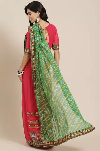Green kutchi embroidery pure georgette half and half bandhani saree