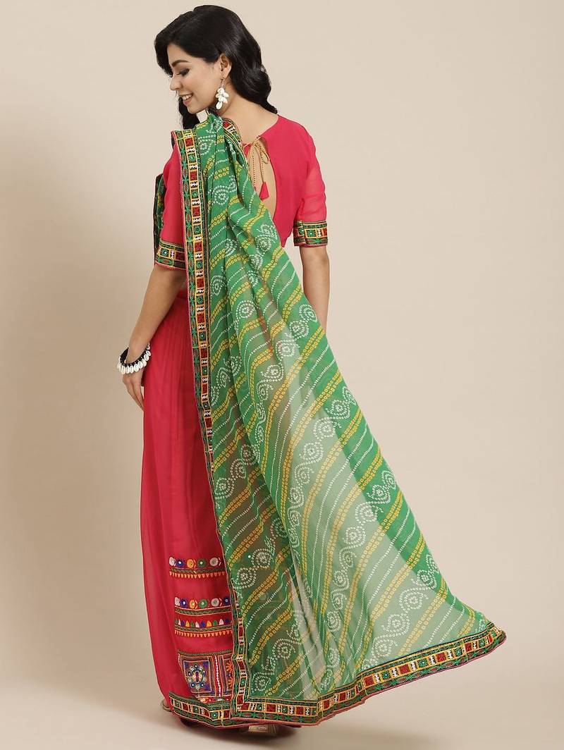 Green kutchi embroidery pure georgette half and half bandhani saree
