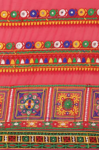 Green kutchi embroidery pure georgette half and half bandhani saree