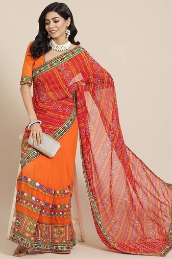 Red bandhani pure georgette embroidered traditional saree