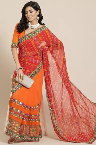 Red bandhani pure georgette embroidered traditional saree